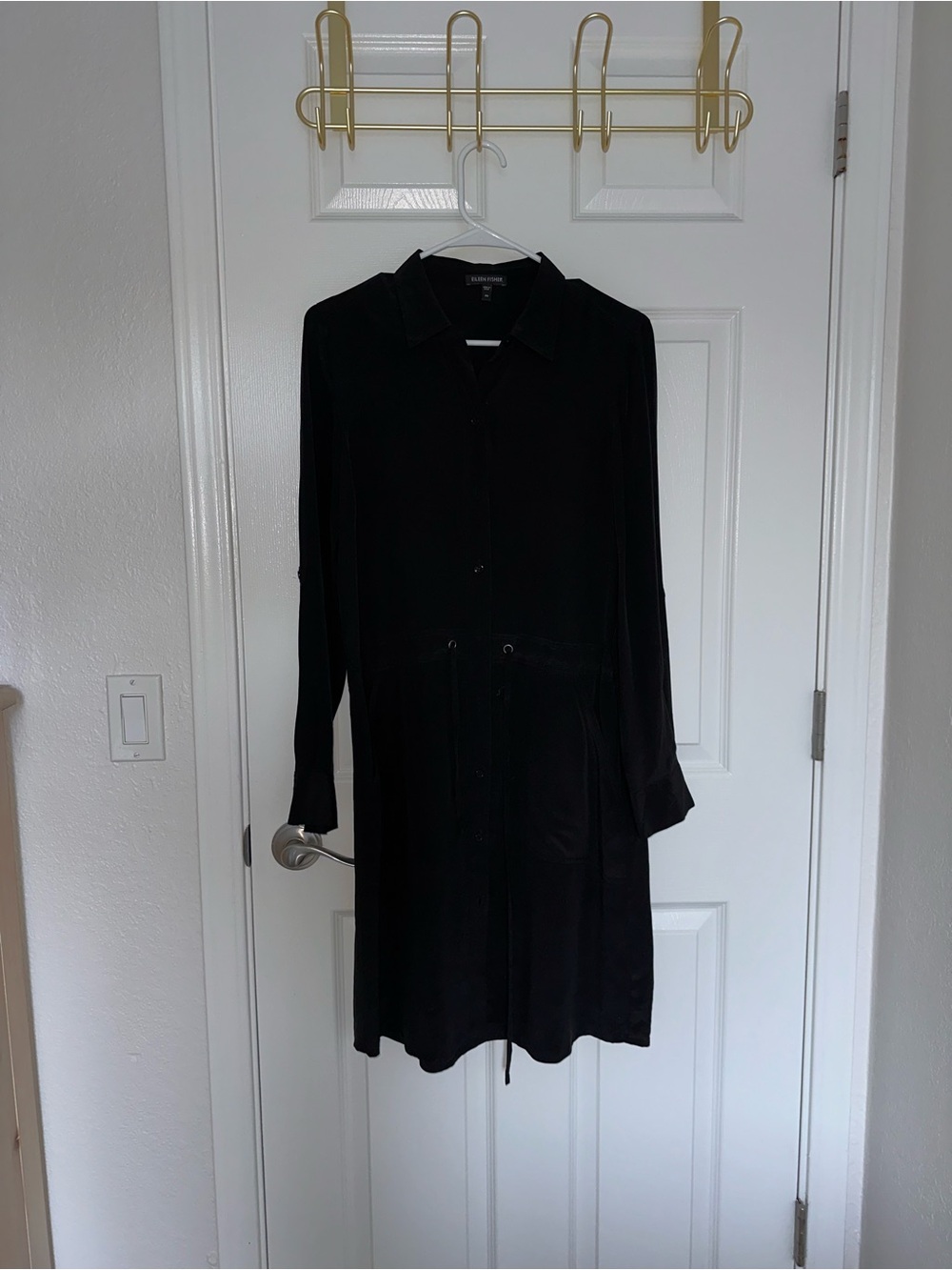 Eileen Fisher 100% Silk Black Long-Sleeve Drawstring Shirtdress